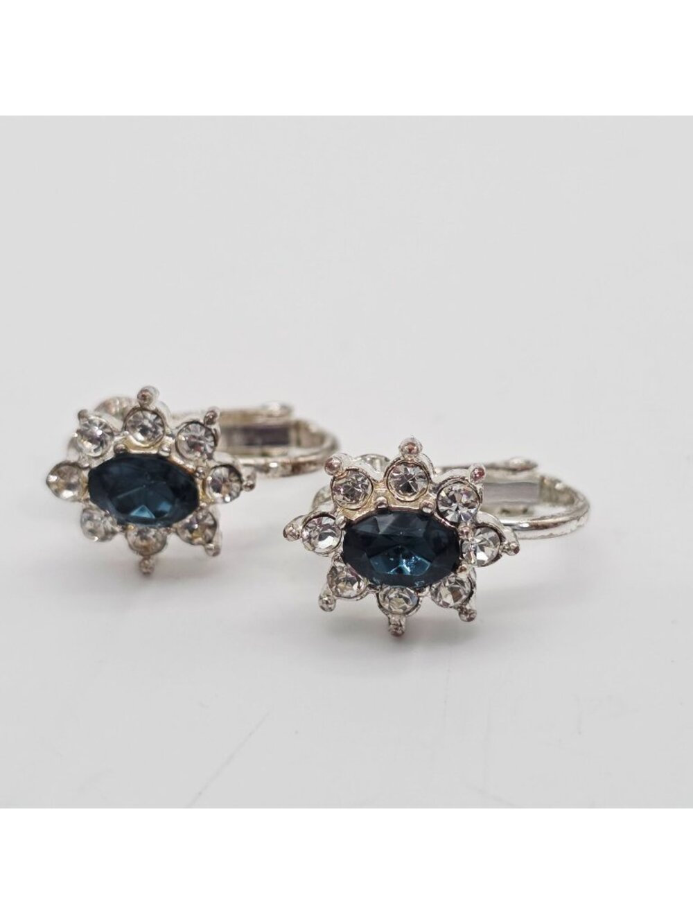 Vintage Silver-Tone Clip-On Earrings With Blue & Clear Rhinestones Floral Design - Picture 1 of 7